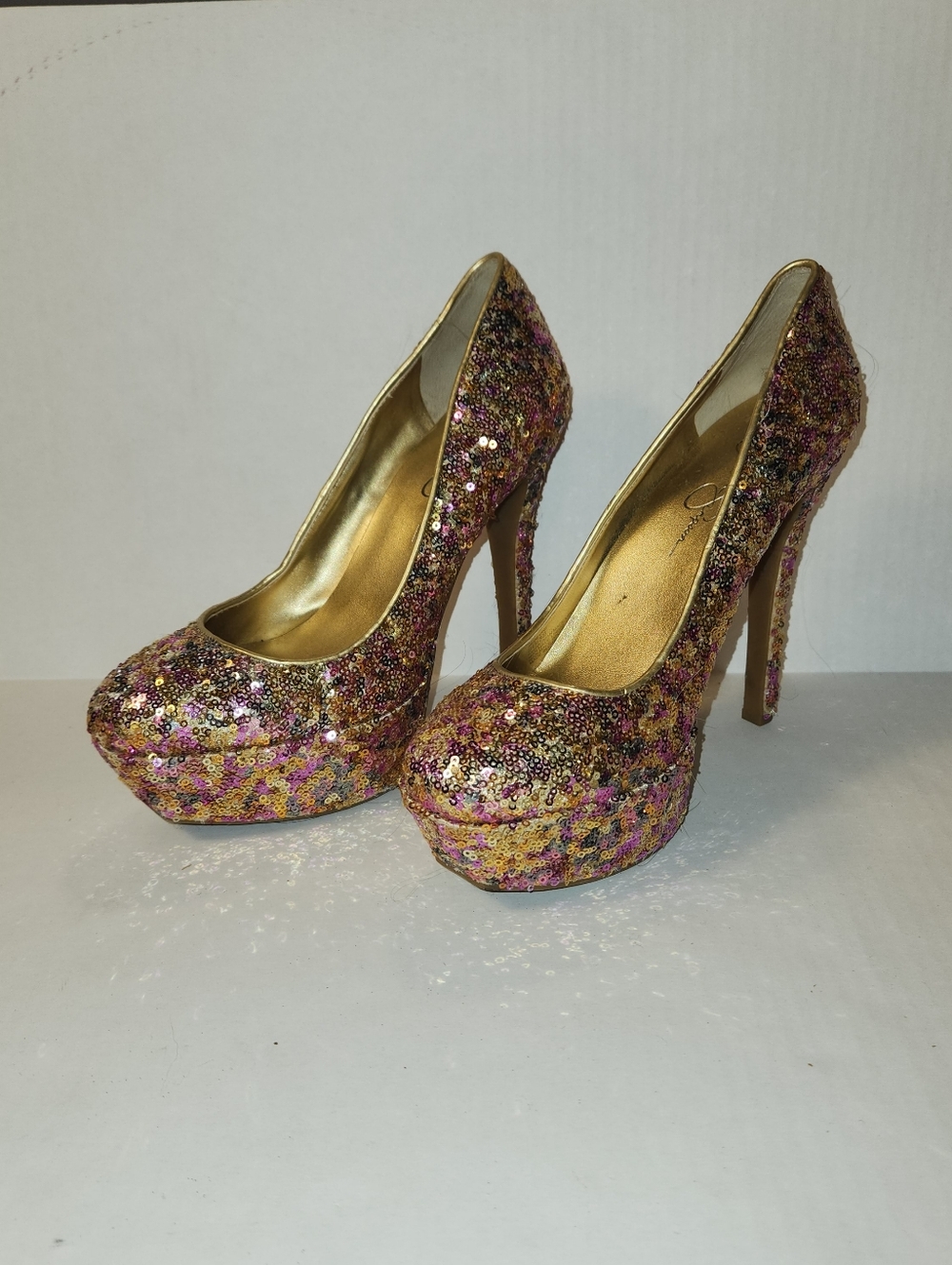 Jessica Simpson Devin 2 Pink Rose Gold Sequin Platform High Heel Pumps 8 EUC